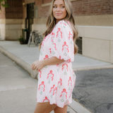 Catherine Floral Striped Print Tie Notched Neck Puff Sleeve Flared Mini Dress