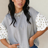 Aviva Puff Sleeve Patchwork Round Neck Loose Top - Black