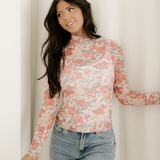 Ophelia Floral Print Mock Neck Mesh Long Sleeve Top