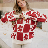 Retro Flower Plaid Henley Baggy Sweater