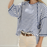 Noelle Textured Knit Split Hem Half Sleeve Loose Top - Blue