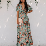 Haisley Floral Print Frilled V Neck Short Sleeve Maxi Dress - Green