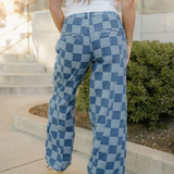 Naomi Checkered Light Washed Wide Leg Jeans - Blue Wash