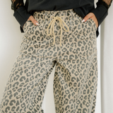 Leopard Print Drawstring Elastic Waist Loose Denim Pants with Pockets