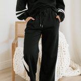 Jordyn Varsity Stripe  Drawstring Wide Leg Pant Set - Black