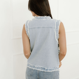 Neriah Frayed Edge Flap Pockets Denim Vest Jacket