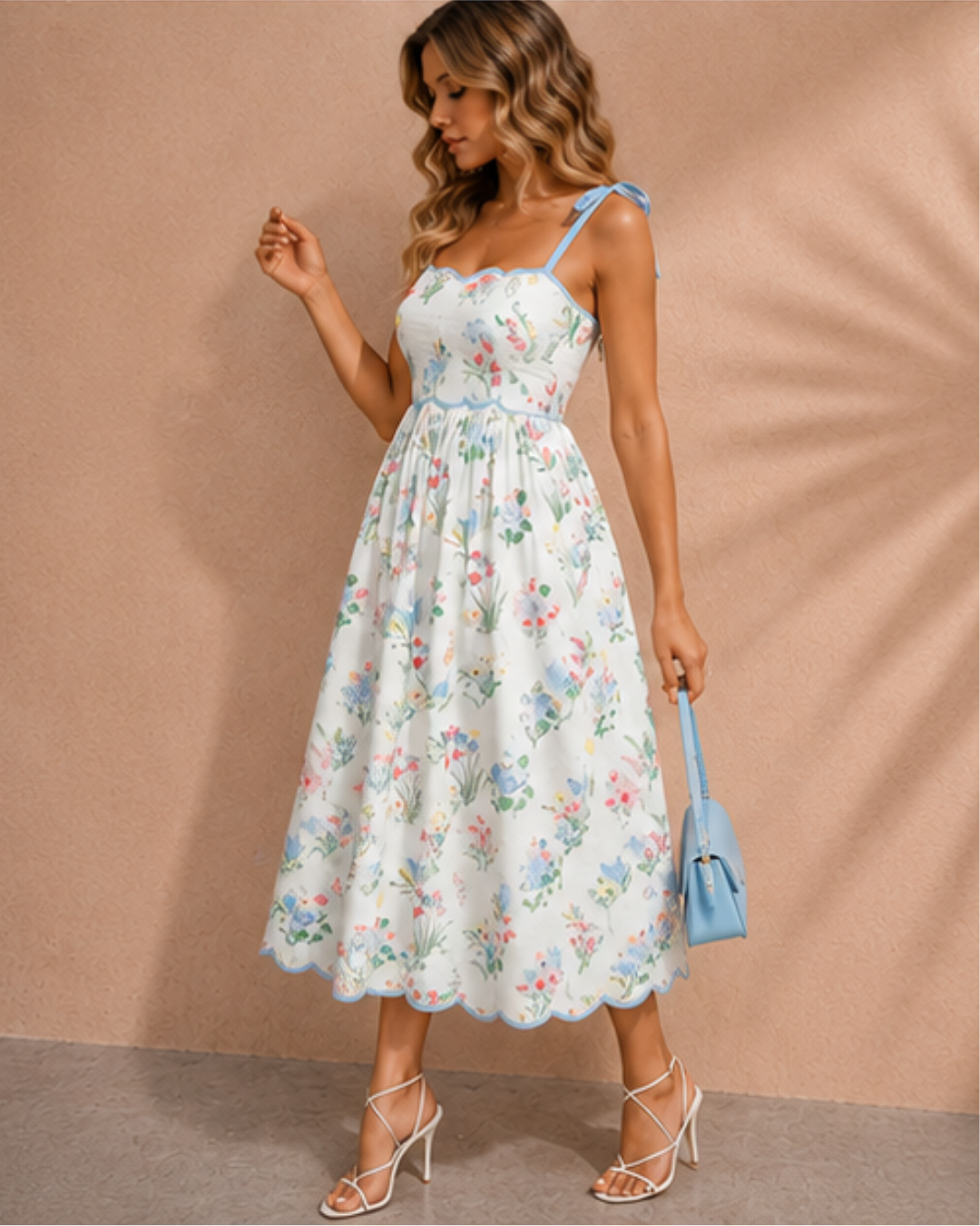 Laylani Contrast Trim Self-tie Straps High Waist Midi Dress