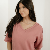 Caroline Exposed Seam Drop Sleeve V Neck Waffle Textured Top  - Rose