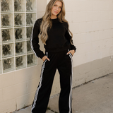 Fiery Red Varsity Striped Detail Crewneck Pullover Elastic Sweatpants 2pcs Outfit