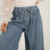 PREORDER Cora Blue Stripe Button Pleated Drawstring Waist Casual Wide Leg Jeans