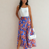 Alethea Bohemian Floral Print Tiered Maxi Skirt with Split - Blue