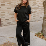 Mila Textured Loose Fit T Shirt and Drawstring Pants Set - Black | Dropship