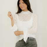 Amara Sheer Lace Bell Sleeve Mock Neck Blouse