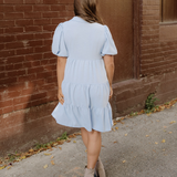Mimi Button Up Short Puff Sleeve Tiered Shift Dress