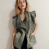 PREORDER Margot Ruffle Plain Denim Jacket Vest - Green | Dropship