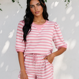 Sweet Escape Lounge Set Stripe Puff Short Sleeve T Shirt Matching Shorts Set - Pink