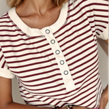 PREORDER Maisie Stripe Half Buttons Round Neck T Shirt - Red | Dropship