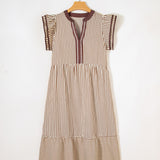 Nyla Double Ruffled Short Sleeve Contrast Trim V Neck Midi Dress - Brown | Dropship