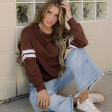 Varsity Striped Sleeve Loose Sweatshirt - Coffee | Dropship