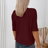Burgundy Ribbed Trim High Neck Short Sleeve Casual Sweater