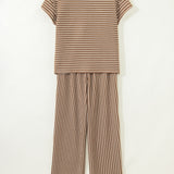 PREORDER - Rowen Stripe Crew Neck Tee Drawstring Waist Cropped Pants Set | Dropship