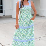 Lily Floral Print Striped Patchwork Detail Sleeveless Dress（Runs Small ）