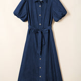Giselle Full Buttons Collared Short Bubble Sleeve Long Denim Dress - Dark Wash