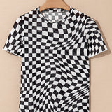 Short Sleeve Checkered Mesh Crew Neck T Shirt - Black | Dropship