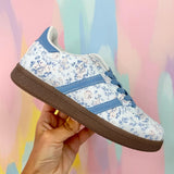 Light Blue Floral Print Lace-up PU Leather Flat Shoes
