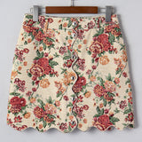 Buttoned Front Floral Scalloped Trim Mini Jacquard Floral Skirt