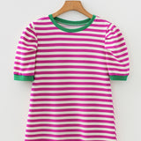 PREORDER Kimberly Stripe Short Puff Sleeve Contrast Trim Round Neck Tee - Pink | Dropship