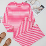 Amayah Stripe Drop Shoulder Round Neck Top and Buttoned Straight Pants Two Piece Set