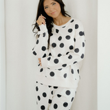 Polka Dot Print Drop Shoulder Pullover Drawstring Jogger Pant Set - Beige