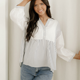 Morgan Half Button Gauze Patchwork Bracelet Sleeve Babydoll Blouse