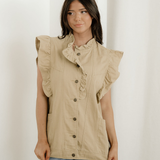 Margot Ruffle Plain Denim Jacket Vest - Khaki