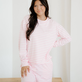 Thea Stripe Drop Shoulder Round Neck Top and Buttoned Straight Pants Two Piece Set