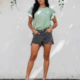 Vienna Twilled Print Lace Trim Ruffled Short Sleeve Blouse - Green