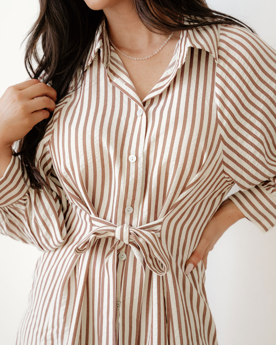 Serena Stripe Knot Waist Puff Sleeve Button Down Mini Shirt Dress