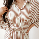 Serena Stripe Knot Waist Puff Sleeve Button Down Mini Shirt Dress