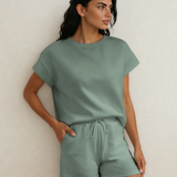 Astrid Textured Short Sleeve Top and Shorts Set - Seafoam