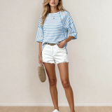 PREORDER - Noelle Textured Knit Split Hem Half Sleeve Loose Top - Sky Blue | Dropship