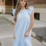 Gingham Knot Back Ruffled Short Sleeve Gingham Maxi Dress