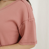 Caroline Exposed Seam Drop Sleeve V Neck Waffle Textured Top  - Rose