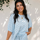Sunday Slowdown Set Polka Dot Oversized Top Drawstring Short Set - Sky Blue