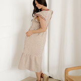 Nyla Double Ruffled Short Sleeve Contrast Trim V Neck Midi Dress - Brown
