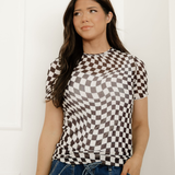 Sheer Checkered Mock Neck Mesh Short Sleeve