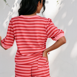 Sweet Escape Lounge Set Stripe Puff Short Sleeve T Shirt Matching Shorts Set - Red