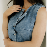 Jolene Buttoned Front Slit Denim Vest - Ashleigh Blue