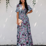 Haisley Fiery Floral Print Frilled V Neck Short Sleeve Maxi Dress - Blue