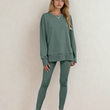 Remi Solid Color Oversize Slit Sweatshirt Ribbed Leggings 2pcs Set - Green
